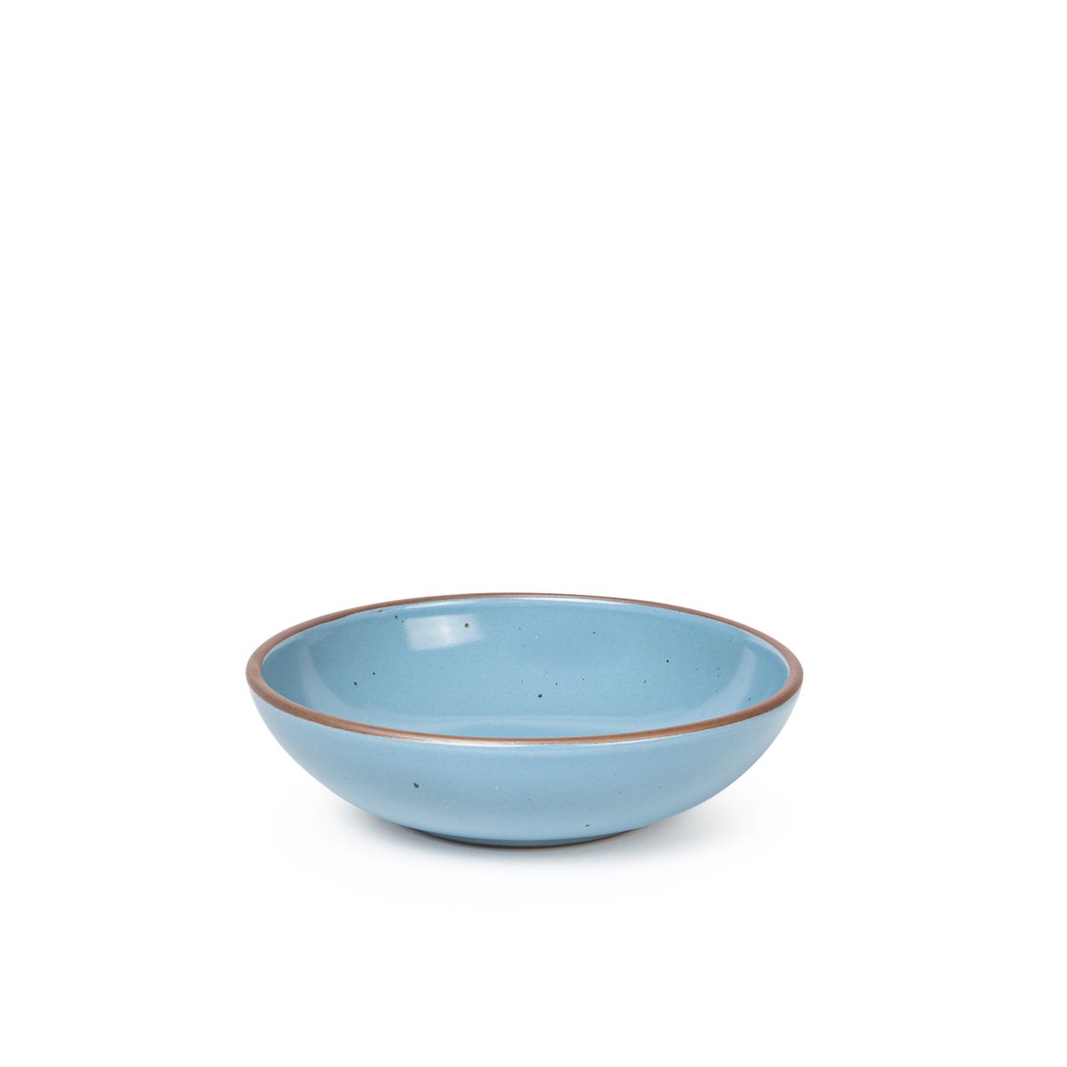 A dinner-sized shallow ceramic bowl in a robin's egg blue color featuring iron speckles and an unglazed rim