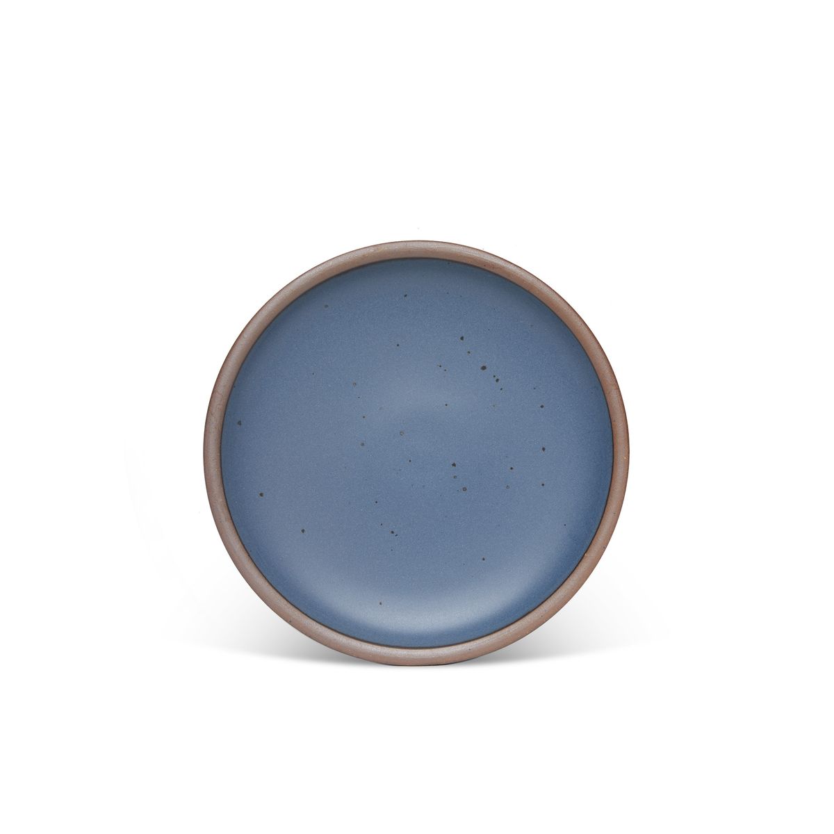 A medium sized ceramic plate in a cool, medium blue color featuring iron speckles and an unglazed rim.