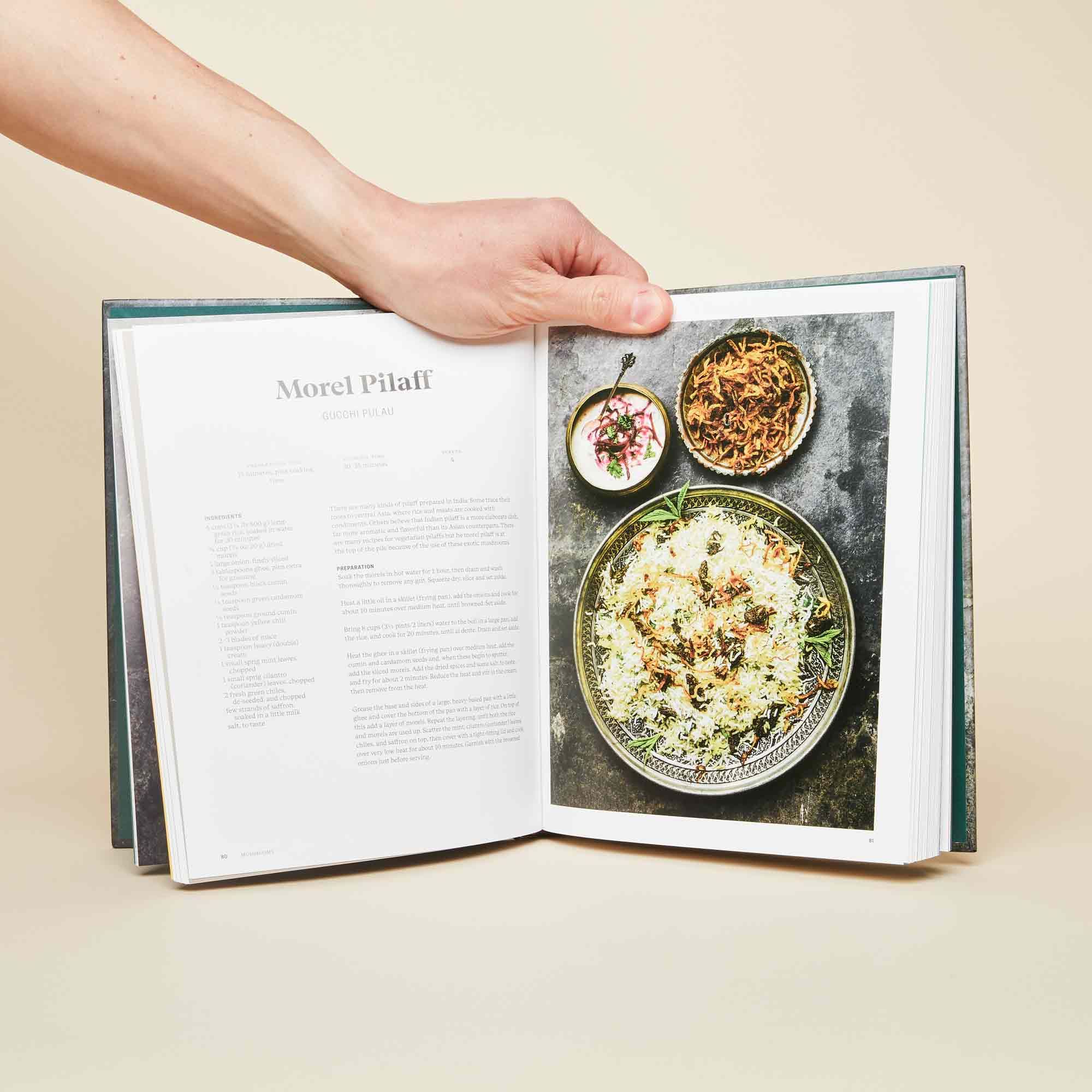 Two-page spread with a recipe for Morel Pilaff and photo of finished dish