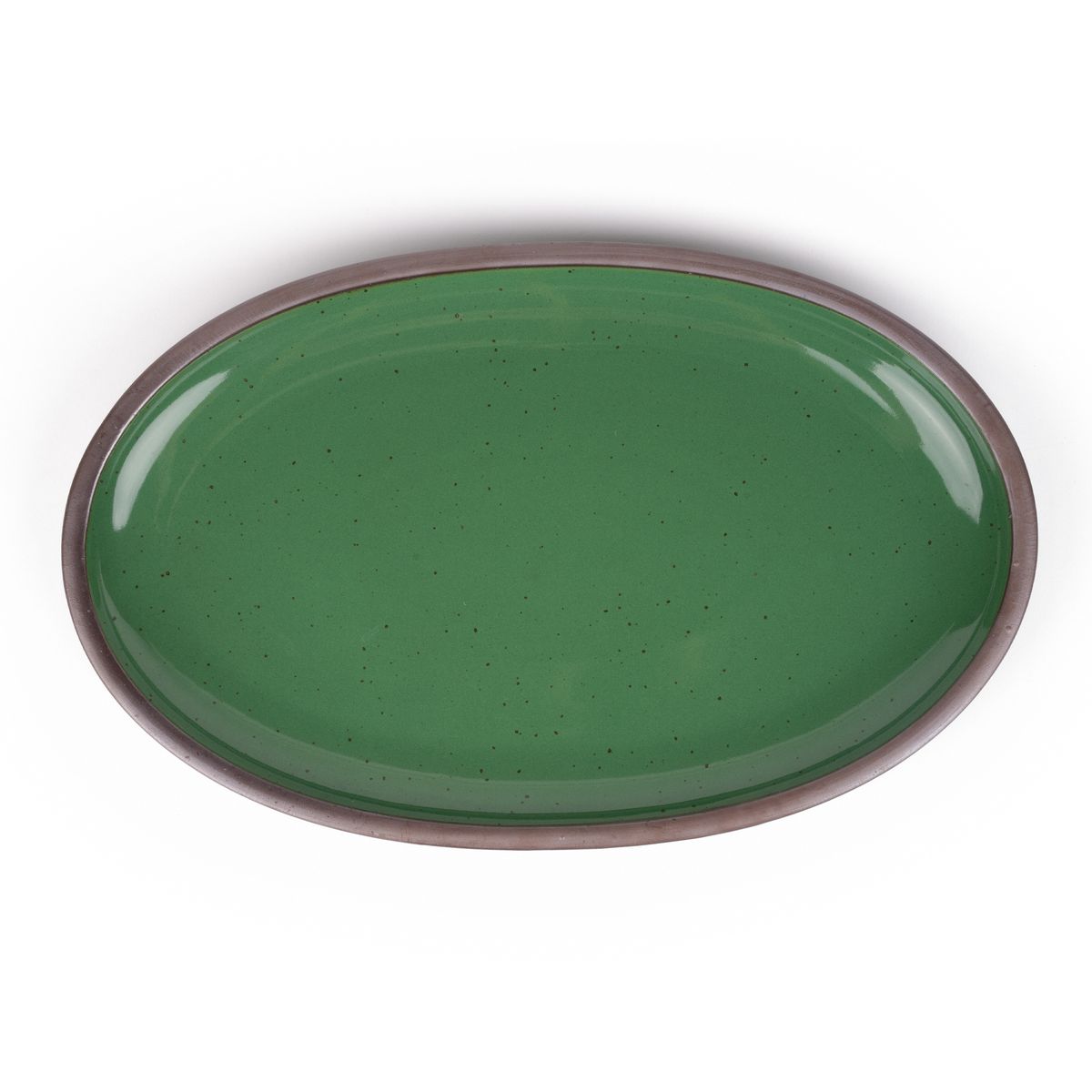 A large oval ceramic platter in a glossy emerald green color featuring iron speckles and an unglazed rim