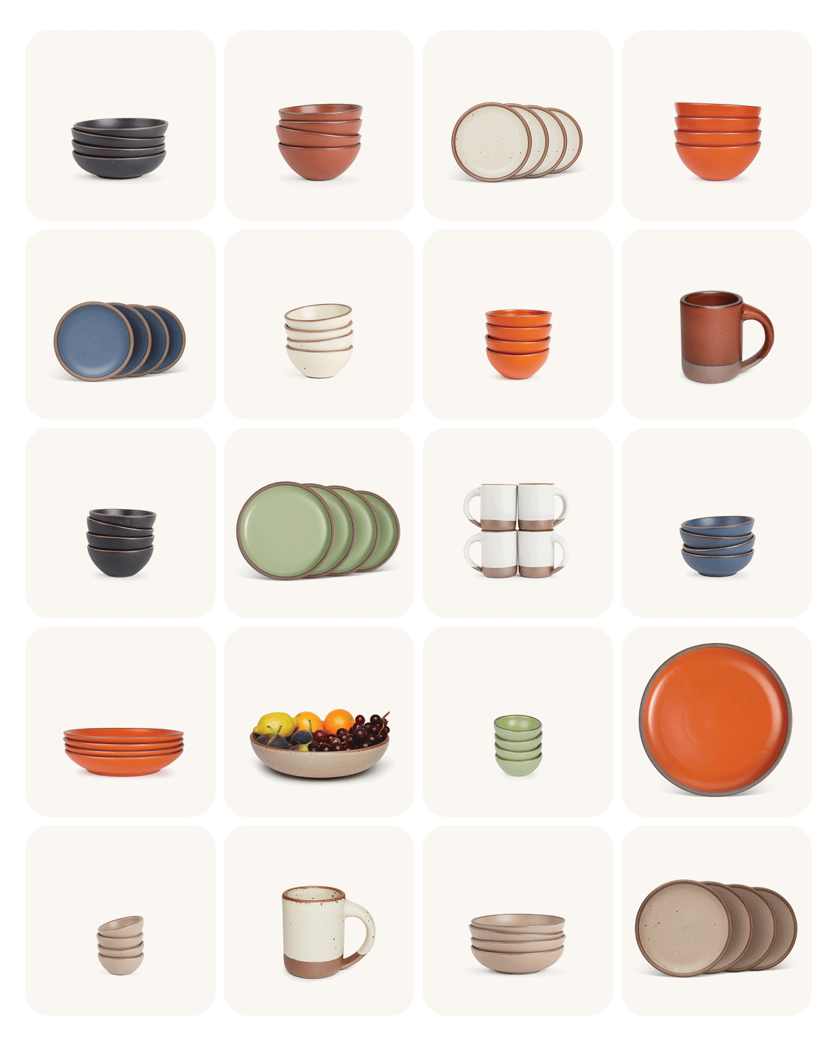 Moving gif of 20 different squares - each square contains an item of ceramic dinnerware - plates, bowls, mugs. Colors of the dinnerware include sage green, white, blue, cool terracotta, bold orange, charcoal, and neutrals.