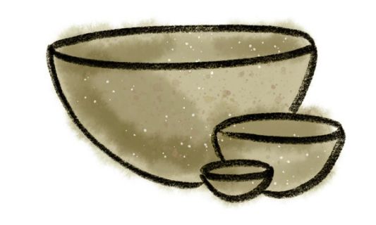 A simple crayon drawing of 3 bowls in tiny, medium, and large sizes with a watercolor wash in a mauve pink color