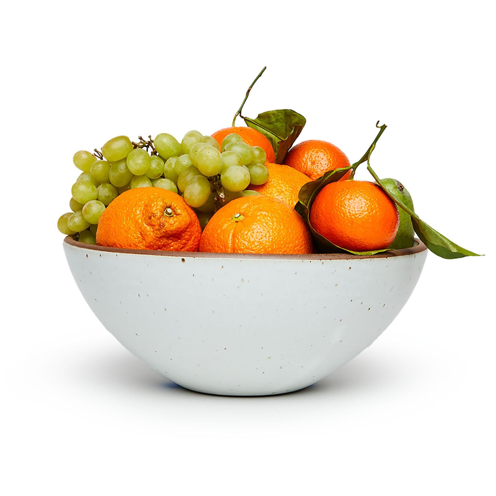 An blueish-white bowl with enough fruit (grapes, orange) to last you and a house full of company through the week