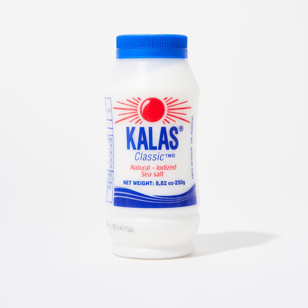 Translucent plastic bottle with a blue lid that reads "Kalas" "Classic" "Natural - Iodized Sea Salt"