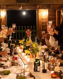 A large dinner party with a diverse crowd of people raising their glasses to cheers surrounding the table with warm candlelight