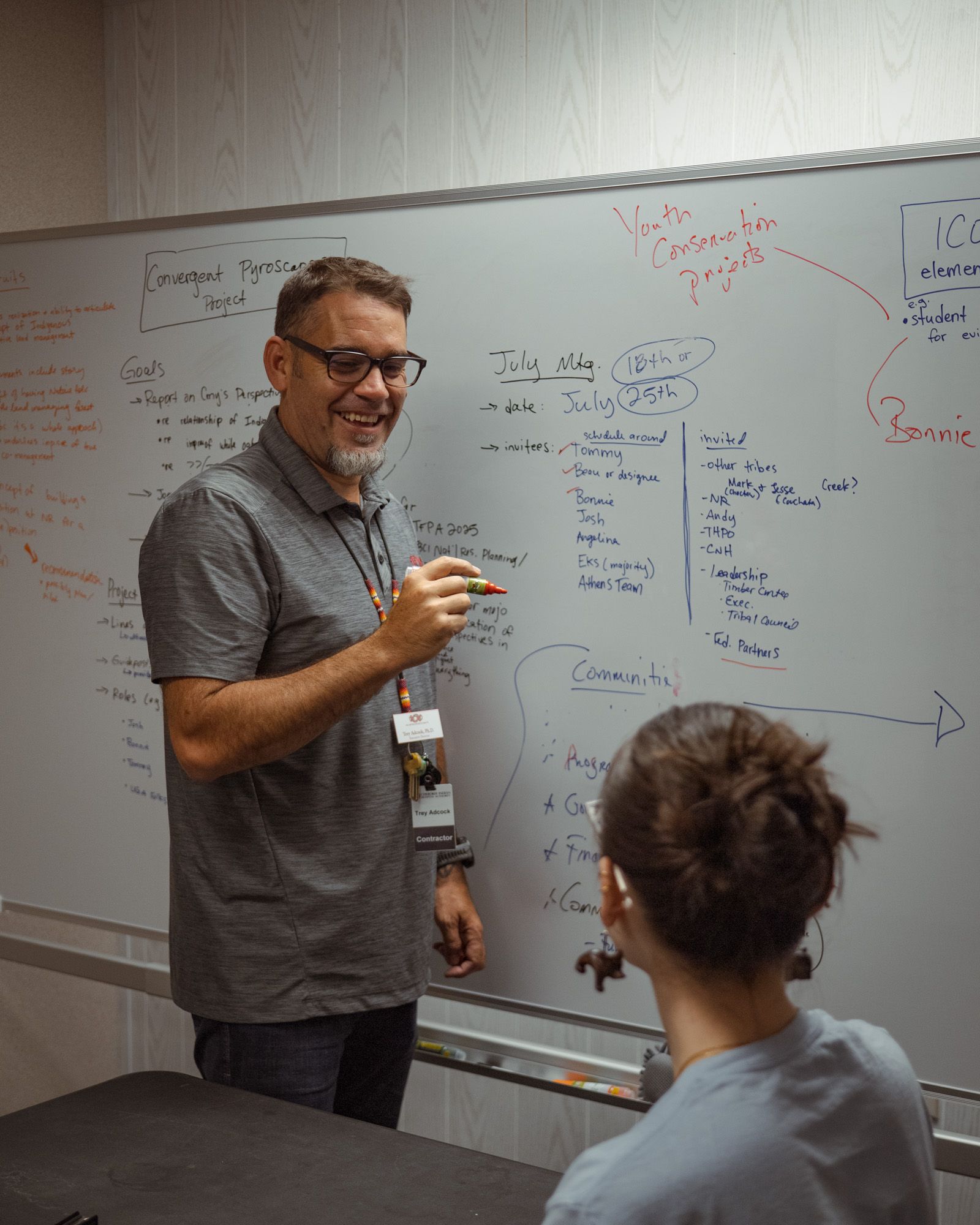 A person writes on a white board and smiles looking at someone watching