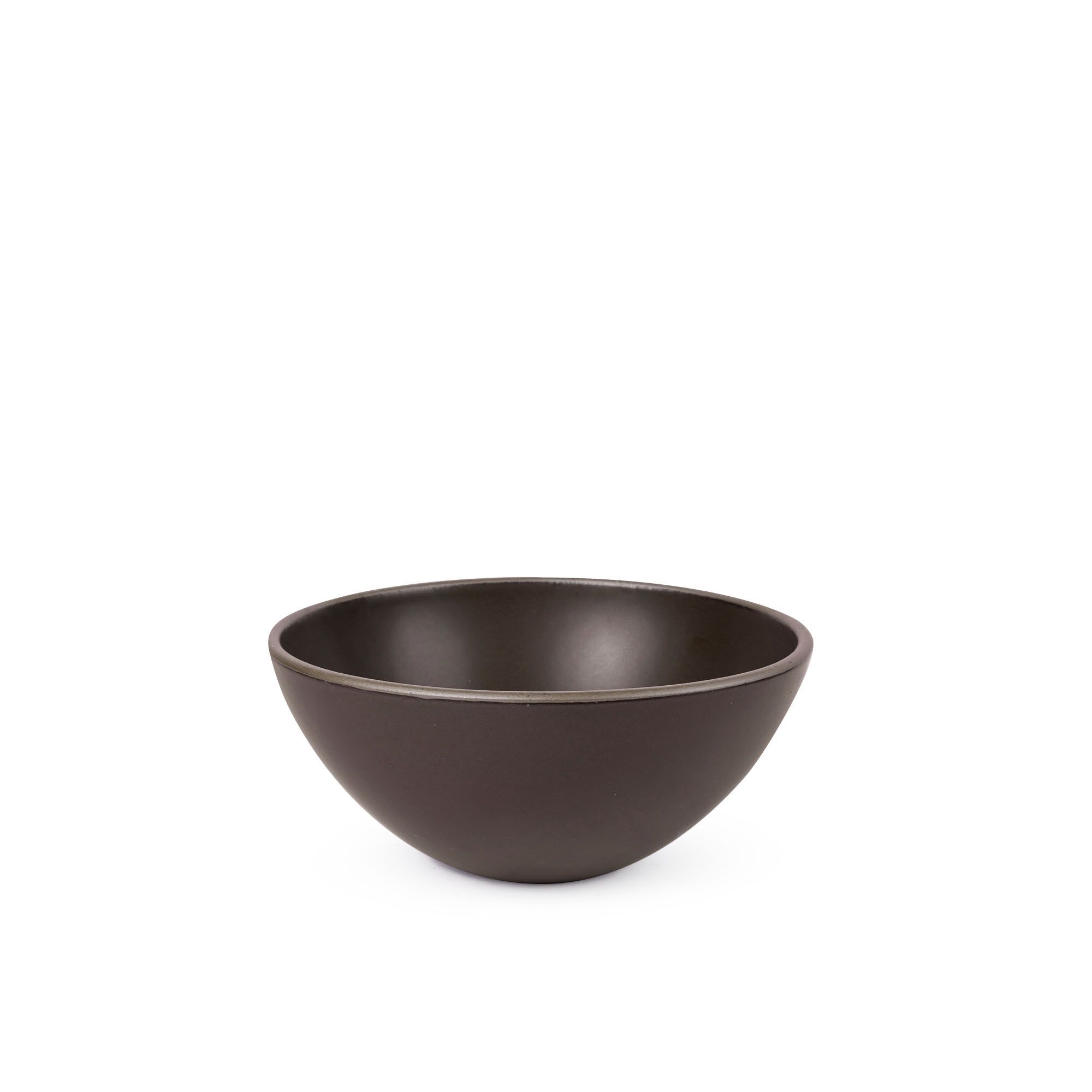 Popcorn inside a medium rounded ceramic bowl in a dark cool brown color featuring iron speckles and an unglazed rim