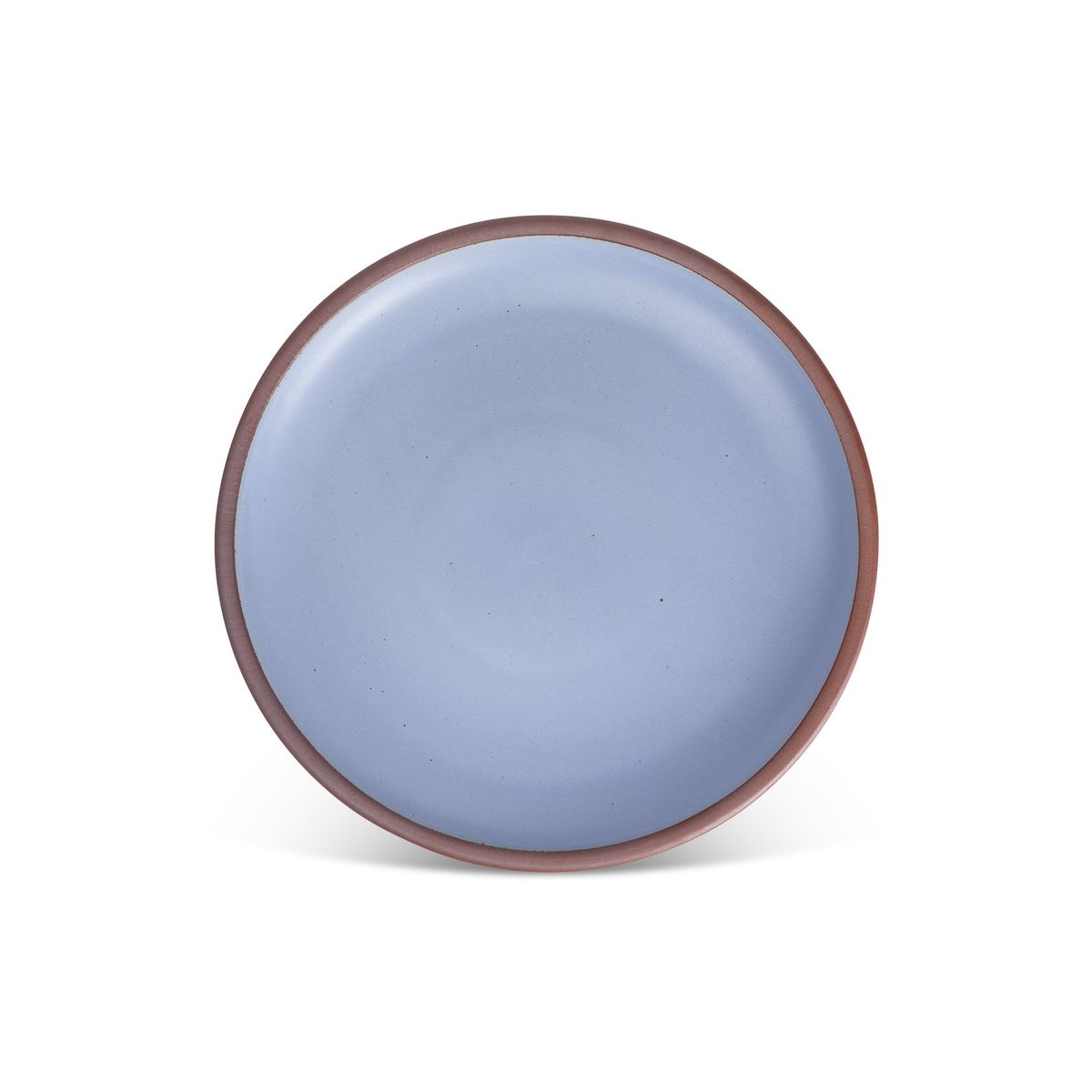 A dinner sized ceramic plate in a periwinkle color featuring iron speckles and an unglazed rim