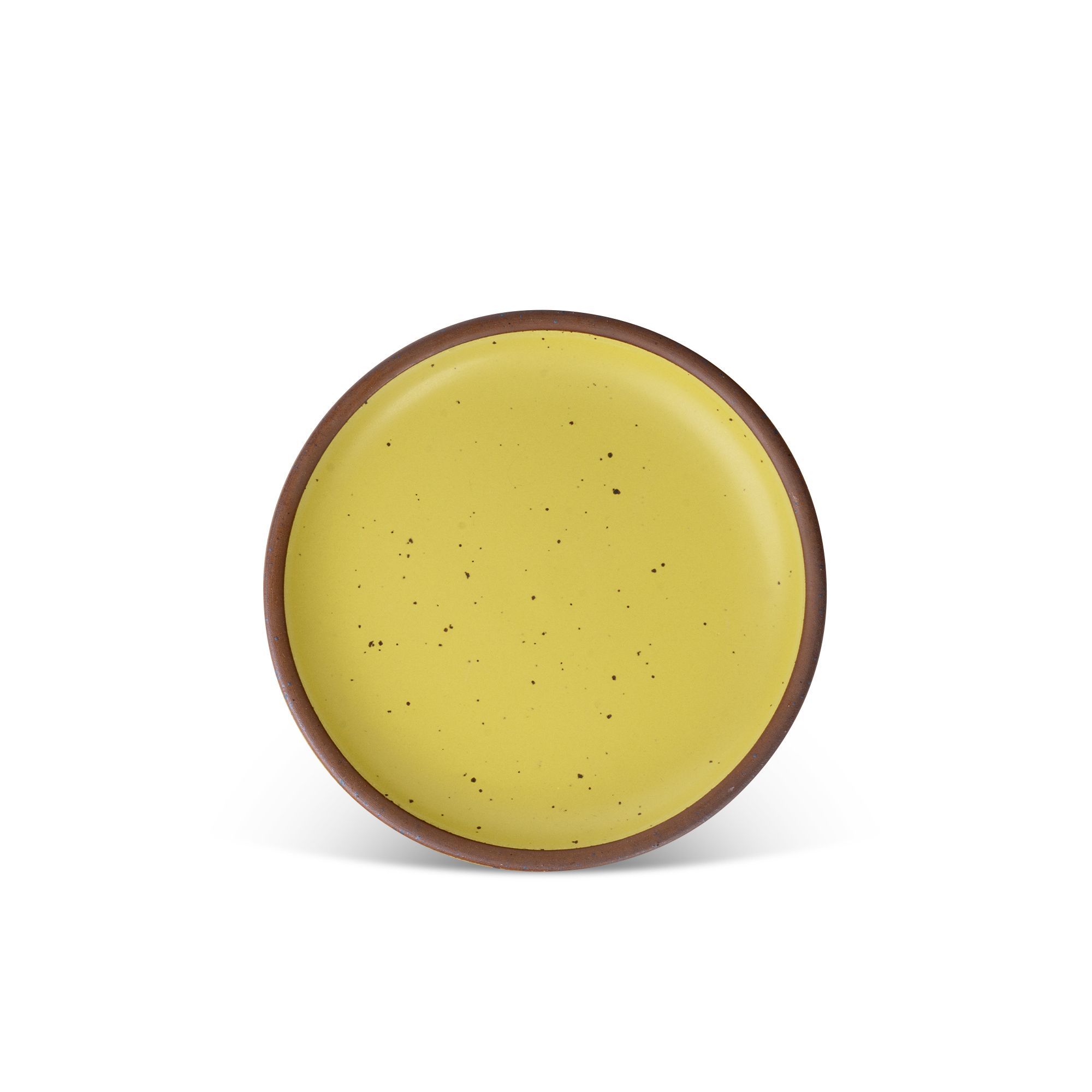 A medium sized ceramic plate in a zesty yellow color featuring iron speckles and an unglazed rim.