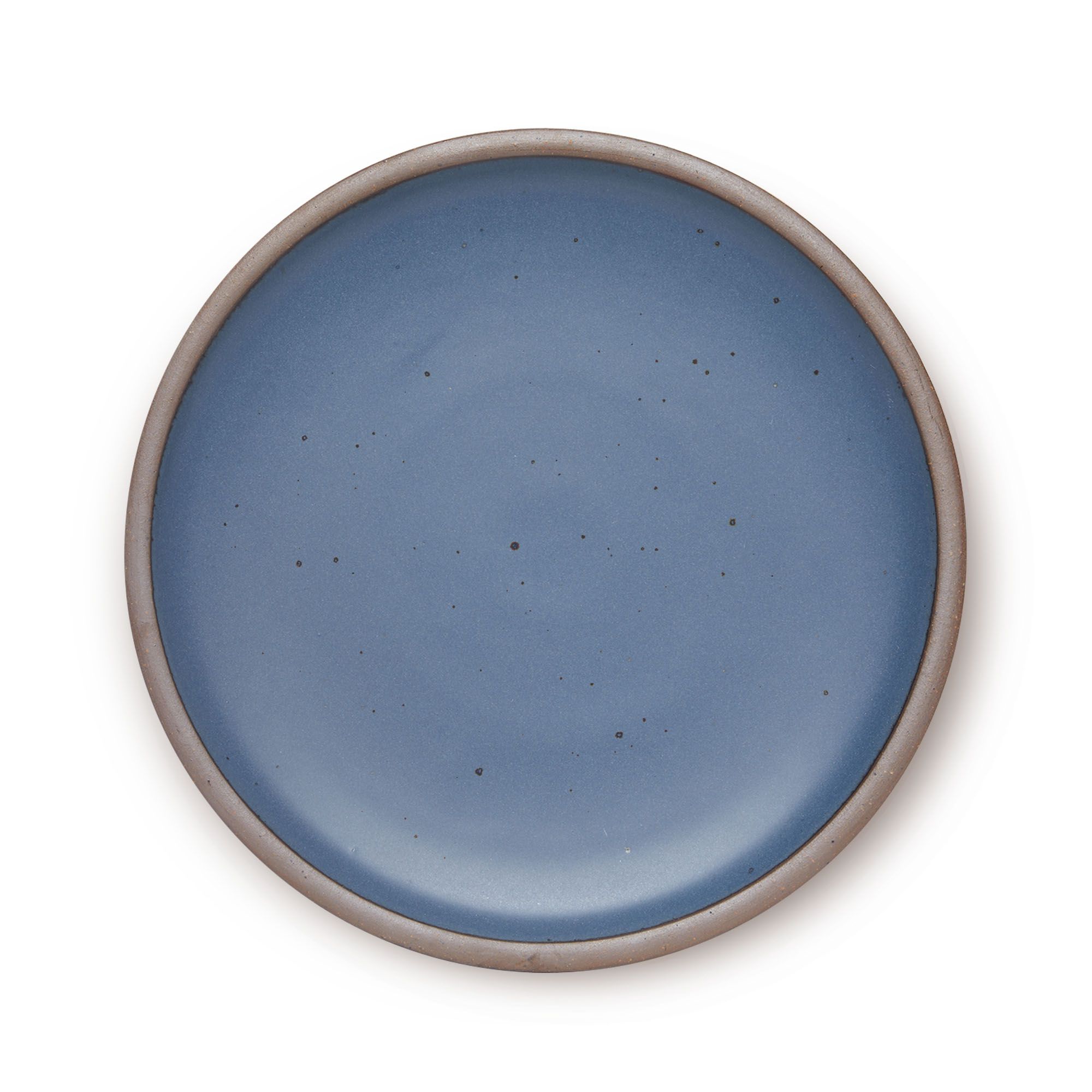 A large ceramic platter in a cool, medium blue color featuring iron speckles and an unglazed rim.