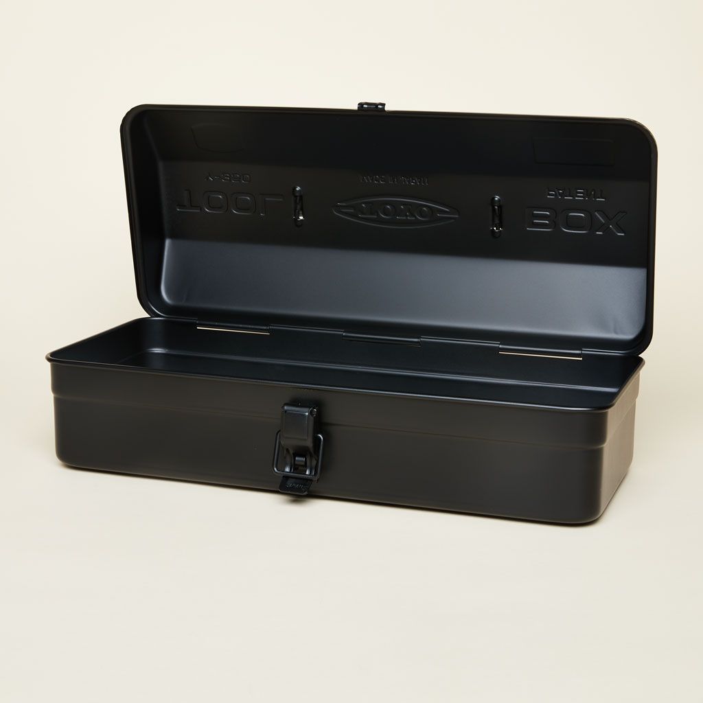 Black metal box with lid open