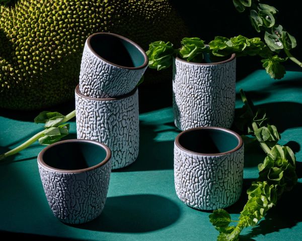 Five white ceramic vessels in various sizes with cracked texture and the interior being dark teal. Artfully arranged in a moody studio setting.