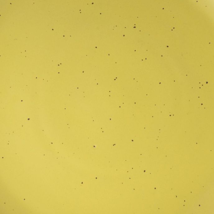A closeup of a ceramic plate in a zesty yellow color featuring iron speckles
