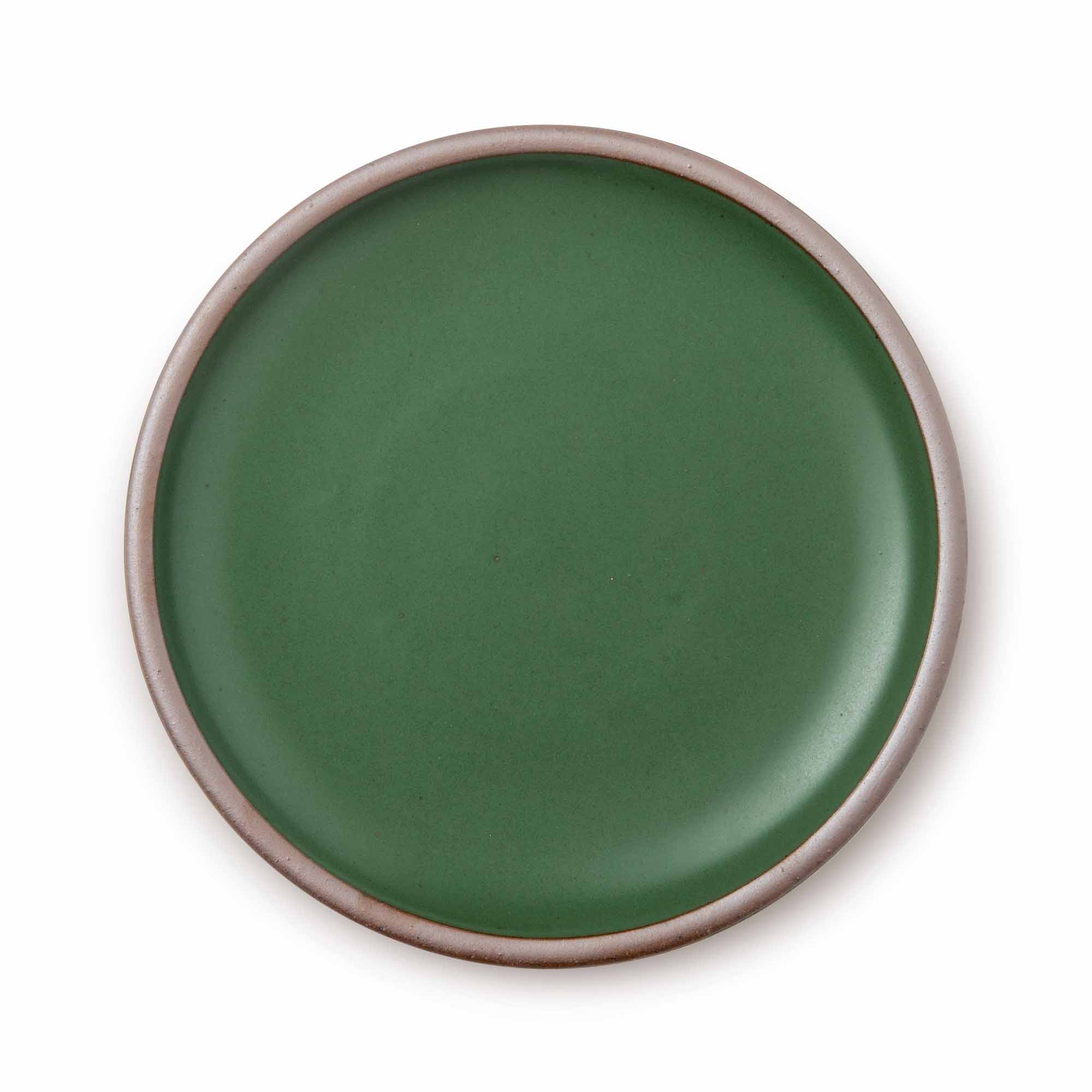 A large ceramic platter in a deep green color featuring an unglazed rim.