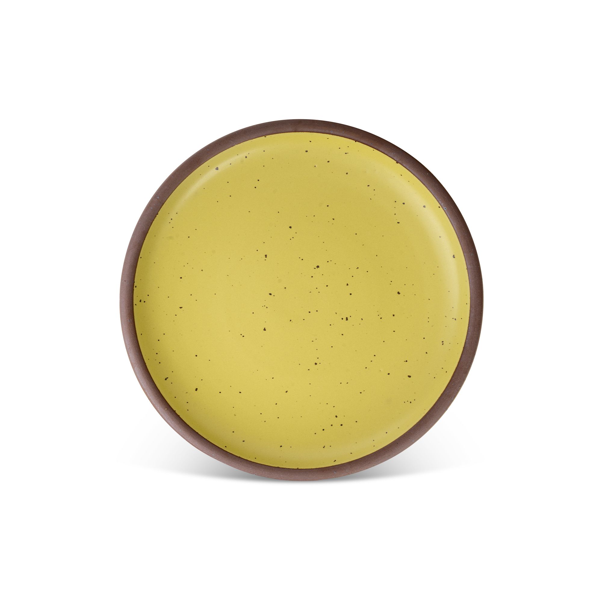 A dinner sized ceramic plate in a zesty yellow color featuring iron speckles and an unglazed rim