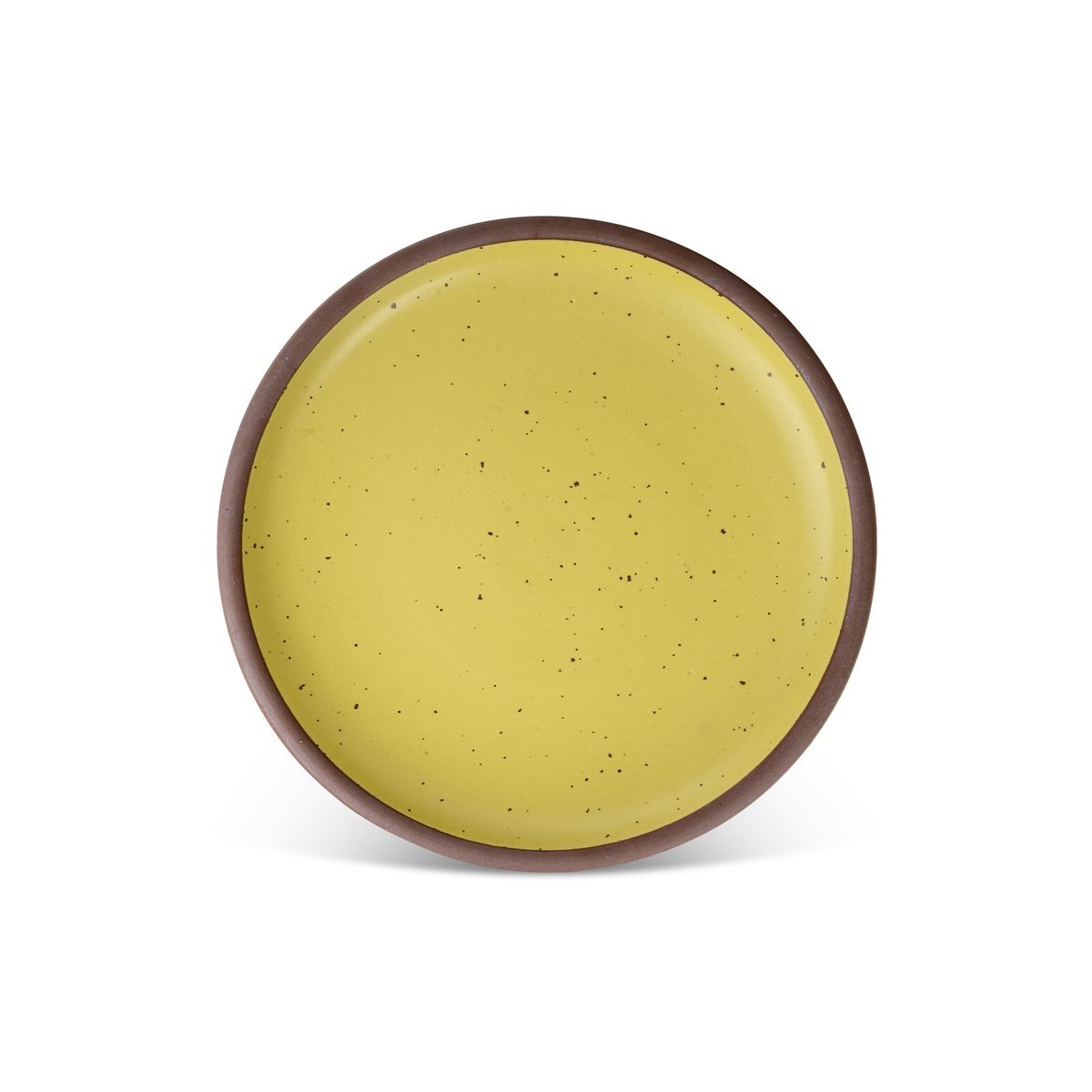 A dinner sized ceramic plate in a zesty yellow color featuring iron speckles and an unglazed rim