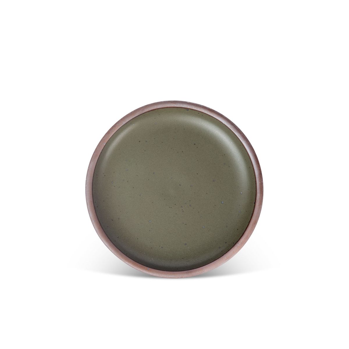 A medium sized ceramic plate in an earthy green color featuring iron speckles and an unglazed rim.