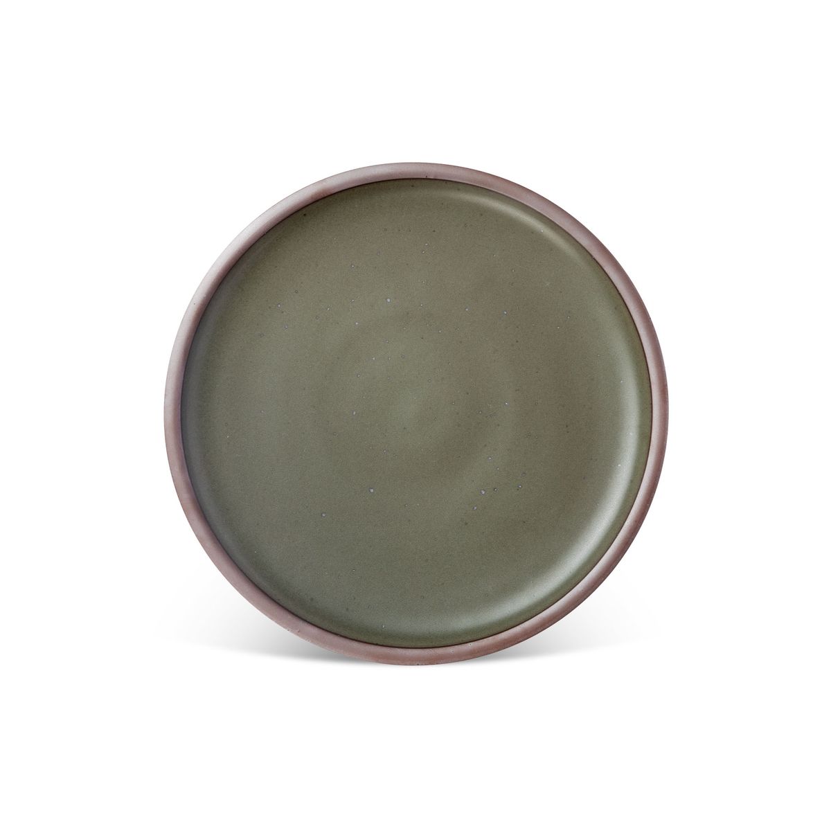 A dinner sized ceramic plate in an earthy green color featuring iron speckles and an unglazed rim