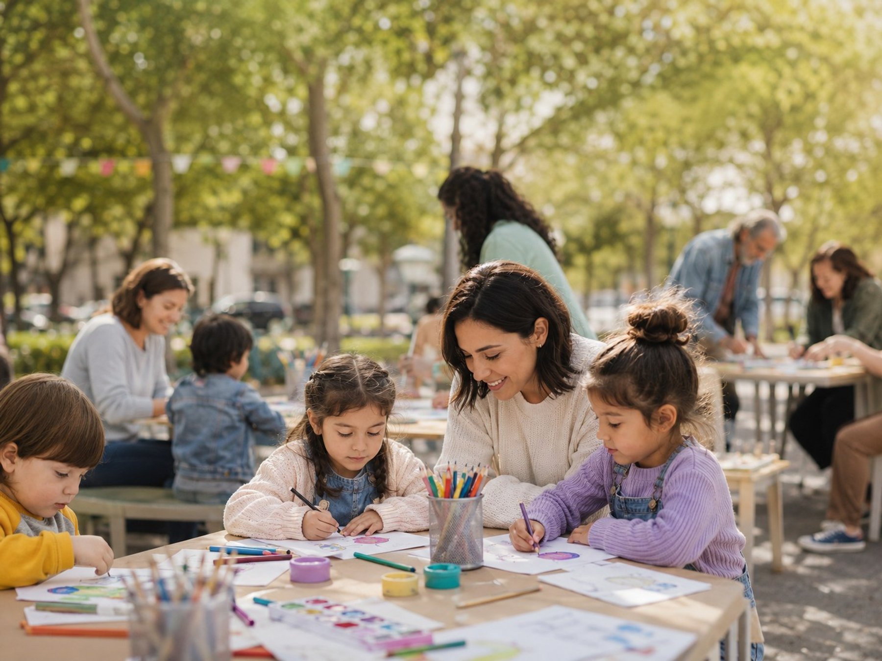 Niñas, niños y personas adultas participan en una actividad artística al aire libre.