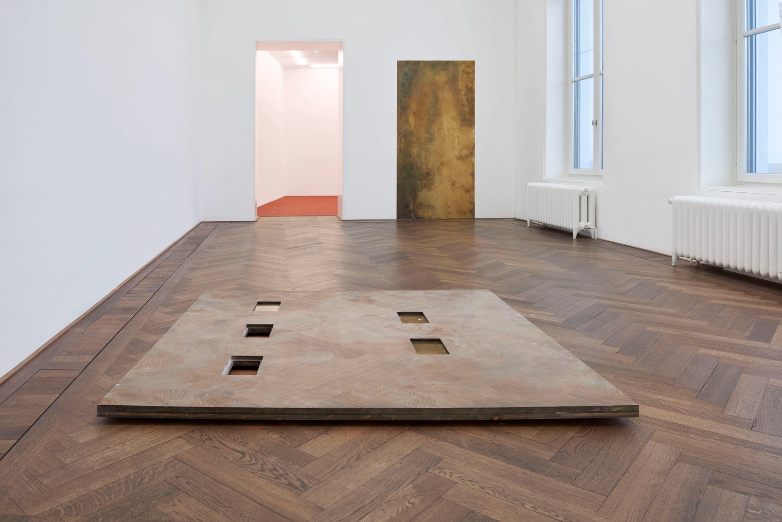 Slide 6/14: Dora Budor, I am Gong: The Devil, Probably, 2019 [front] and Solo for 1939, 2019 [back]. Installation view. Photo by Philipp Hänger / Kunsthalle Basel.

