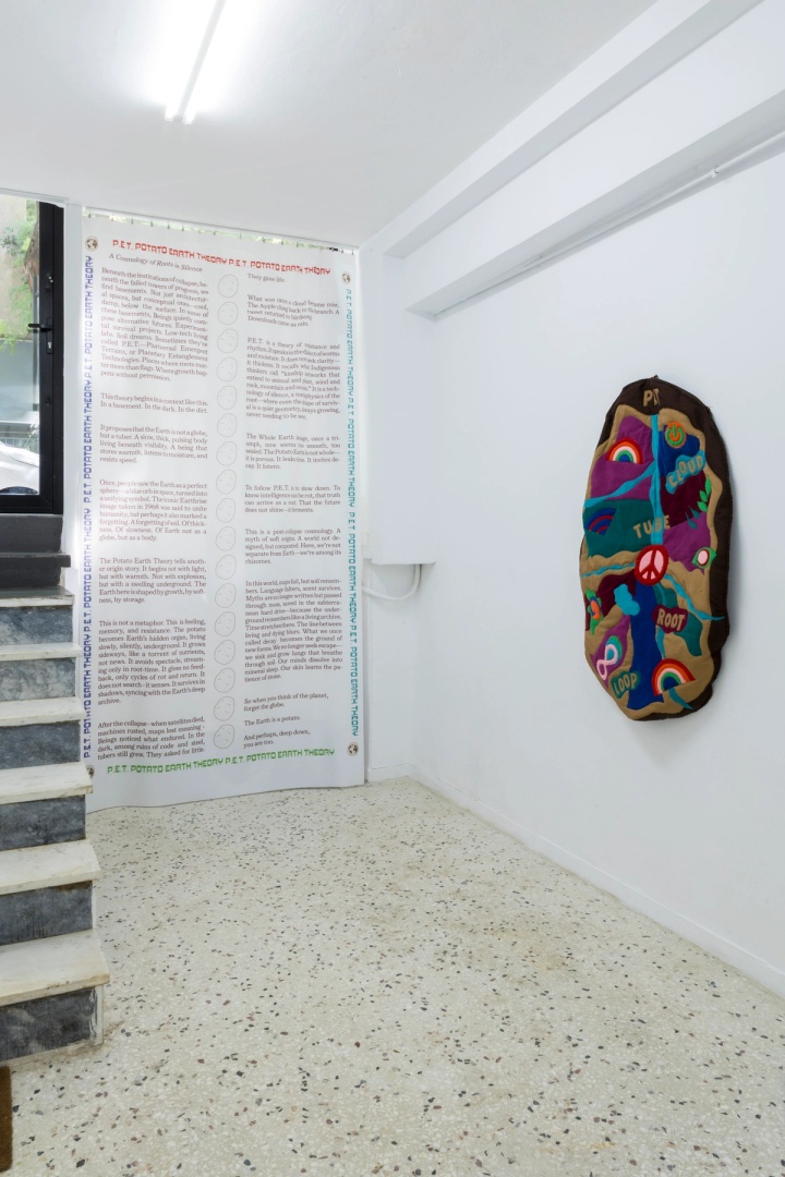 Slide 1/28: Angelo Plessas, Potato Empowering Trajectories, 2025, installation view. Photo by Nefeli Papaioannou. 