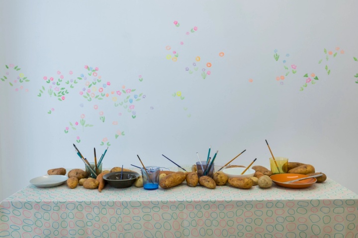 Slide 12/28: Darko Aleksovski, A Tablescape Between Roots and Flowers, mixed-media installation, dimensions variable. Photo by Nefeli Papaioannou. 