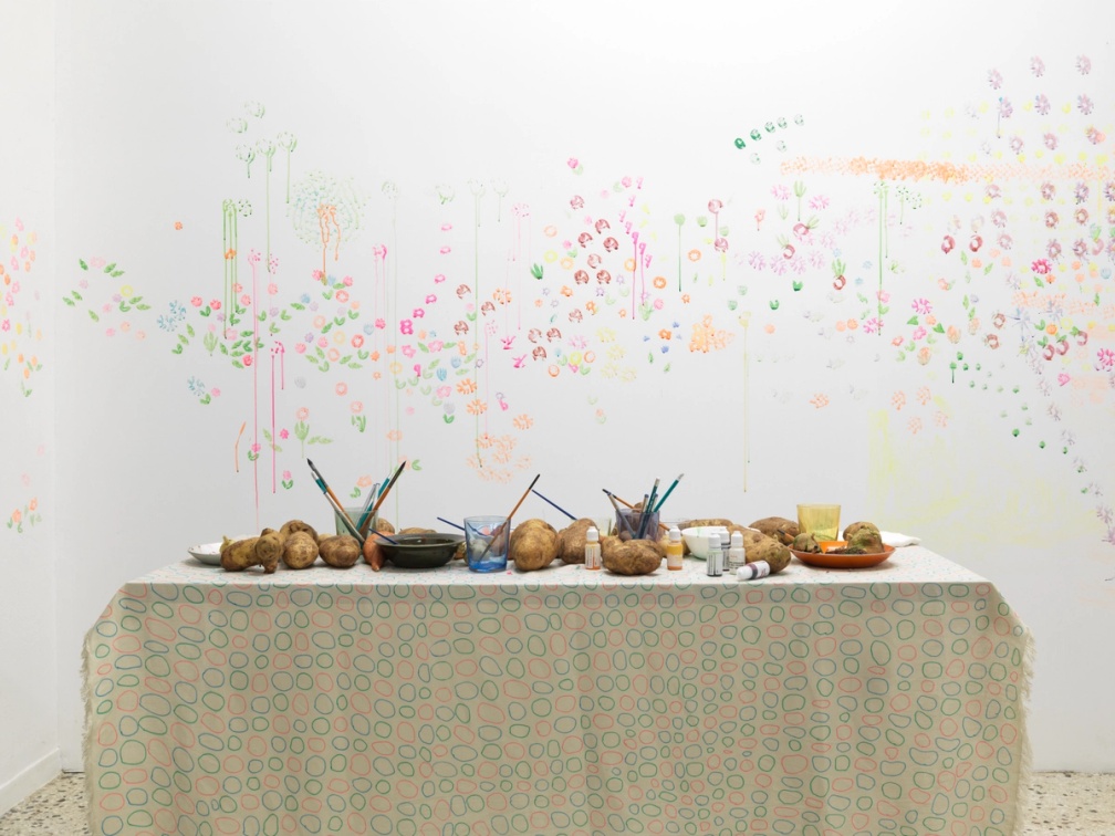 Slide 4/8: Darko Aleksovski, A Tablescape Between Roots and Flowers, mixed-media installation, dimensions variable. Photo by Stathis Mamalakis. 