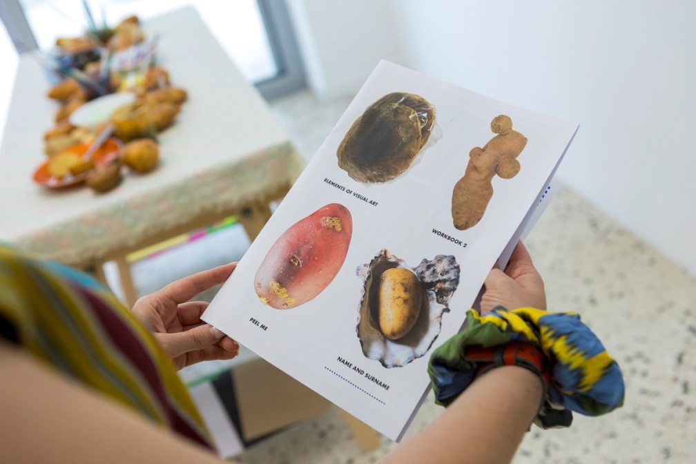 Slide 4/6: Andrea Palášti, The Shape of a Potato, 2025, the workbook, 29.7 x 21 cm. Photo by Nefeli Papaioannou. 