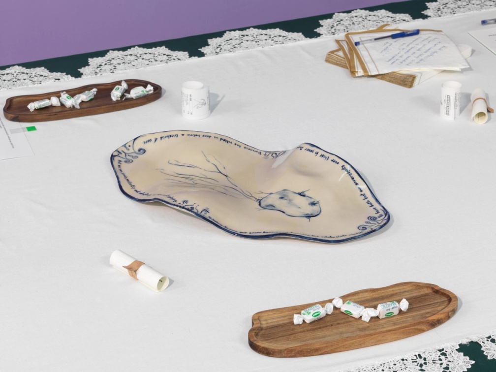 Slide 2/15: Sunčica Pasuljević Kandić, What Can a Potato Foretell Us About Ourselves? (detail), performatively activated mixed-media installation, dimensions variable. Photo by Stathis Mamalakis.