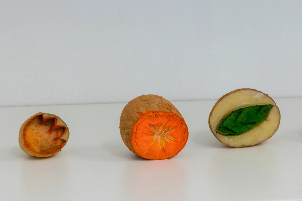 Slide 6/8: Darko Aleksovski, A Tablescape Between Roots and Flowers (detail), mixed-media installation with potato stamps, dimensions variable. Photo by Nefeli Papaioannou. 