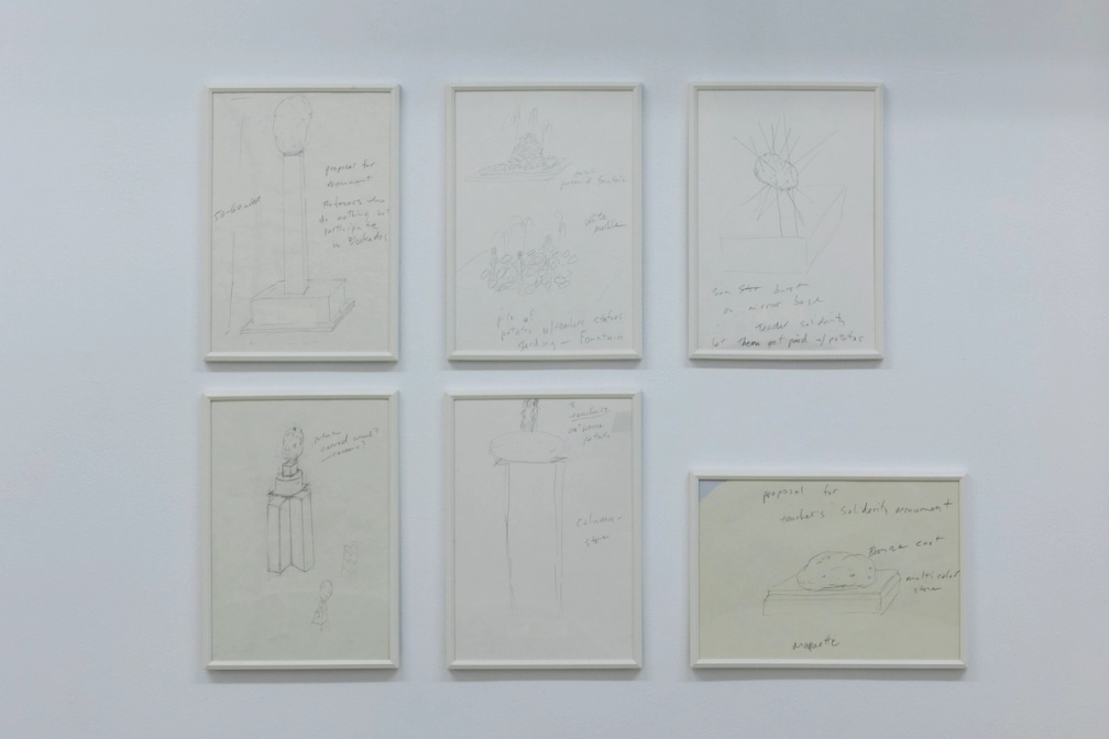 Slide 2/7: Sam Durant, Proposal for Monument to Professors Who Do Nothing but Participate in Blockades, pencil on paper, 29.7 × 21 cm each. Photo by Nefeli Papaioannou.
