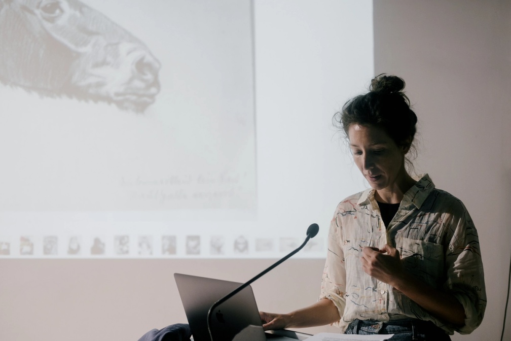 Slide 1/6: Andrea Palašti, during her presentation, "Be Water, My Friend". Photo by Vladimir Janic.