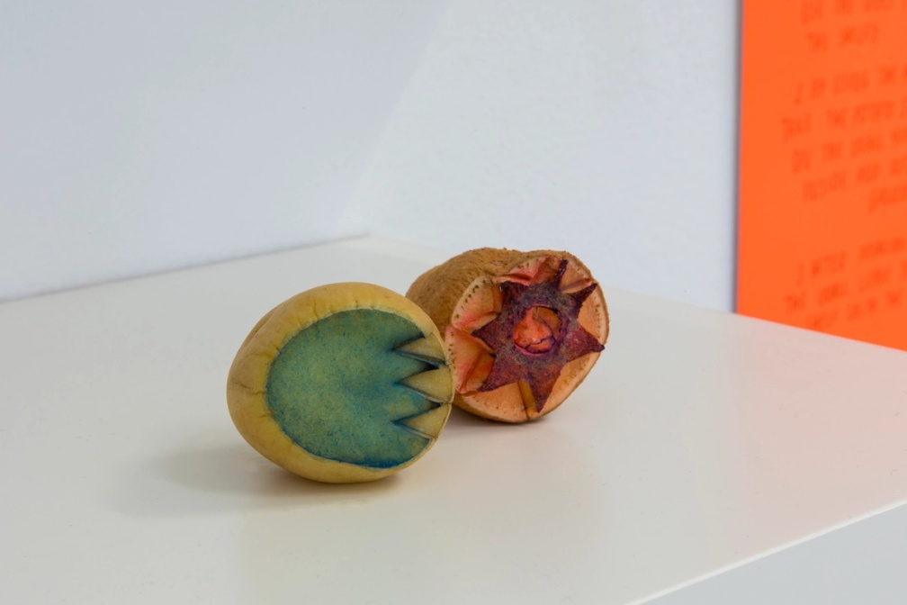 Slide 7/8: Darko Aleksovski, A Tablescape Between Roots and Flowers (detail), mixed-media installation with potato stamps, dimensions variable. Photo by Nefeli Papaioannou. 