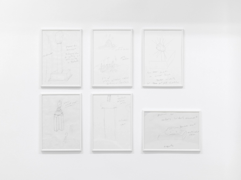 Slide 2/7: Sam Durant, Proposal for Monument to Professors Who Do Nothing but Participate in Blockades, pencil on paper, 29.7 × 21 cm each. Photo by Stathis Mamalakis.