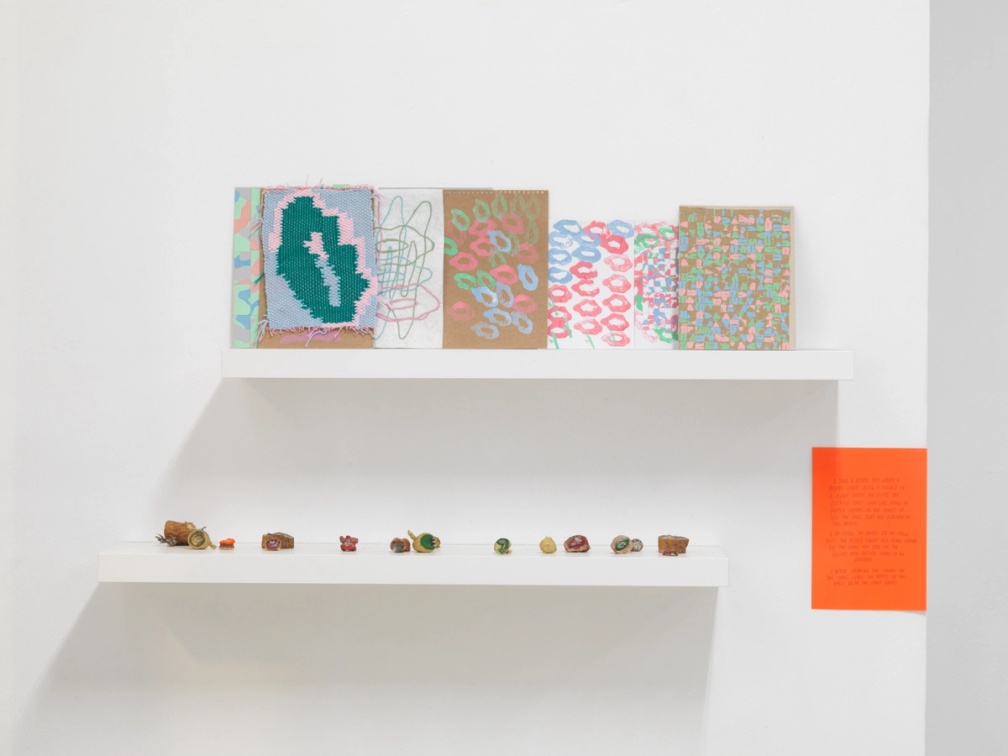 Slide 3/8: Darko Aleksovski, A Tablescape Between Roots and Flowers, mixed-media installation with drawings and potato stamps, dimensions variable. Photo by Stathis Mamalakis. 