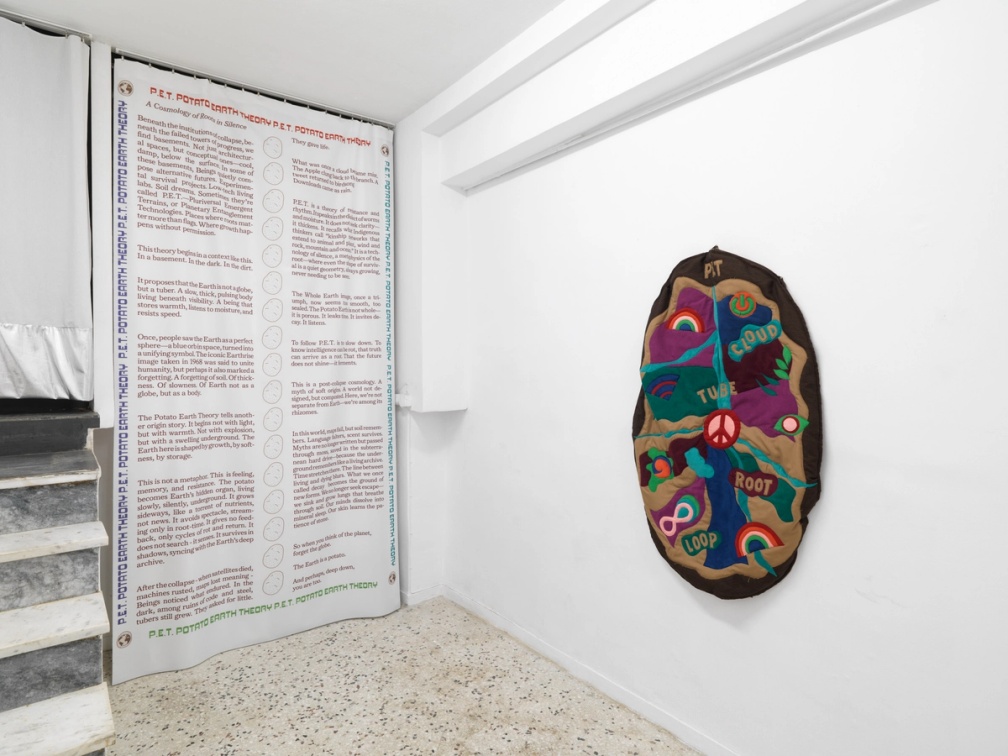 Slide 2/5: Angelo Plessas, Potato Empowering Trajectories, 2025, installation view. Photo by Stathis Mamalakis. 
