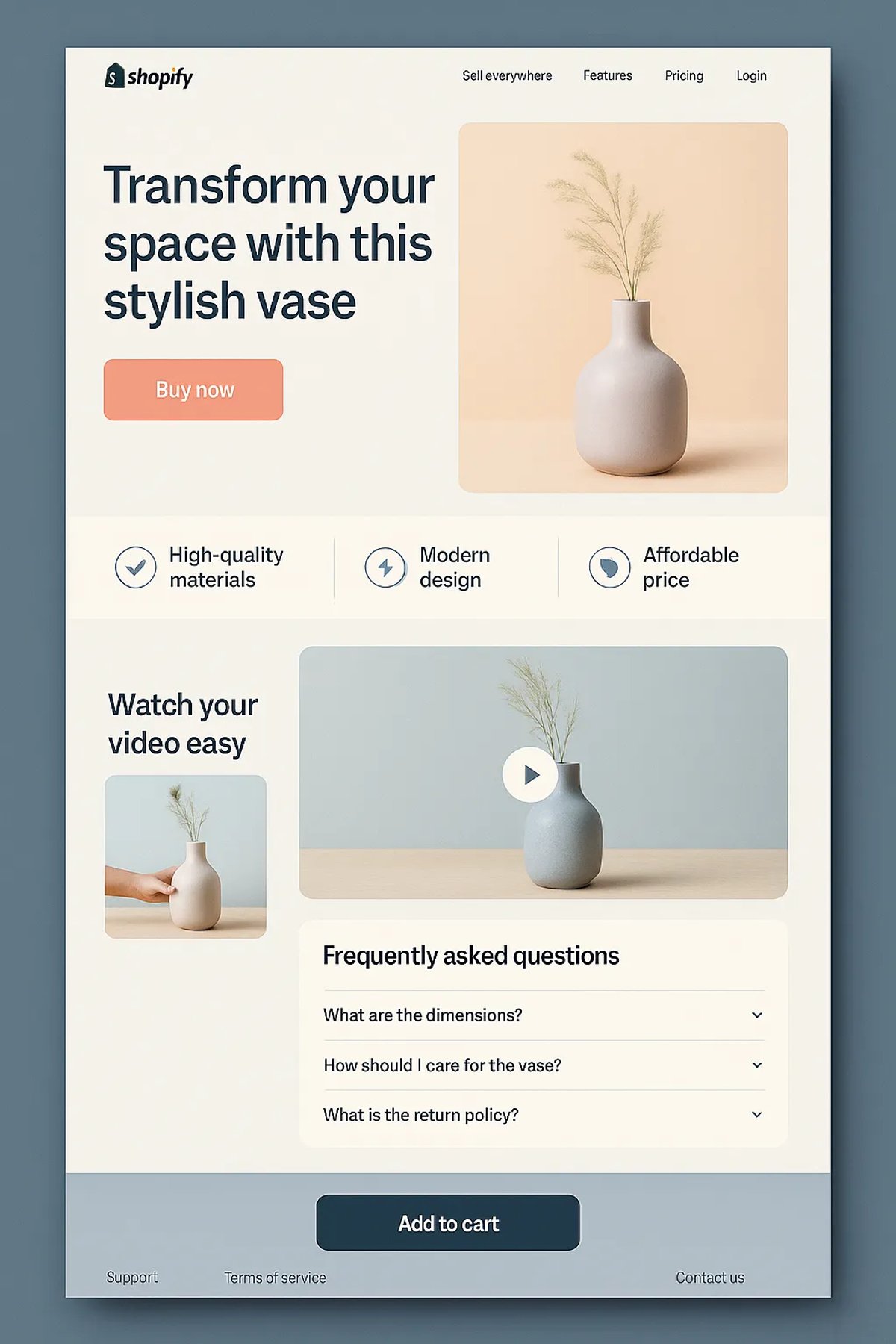 Single-product Shopify homepage layout with clear CTA, demo video, icons for features, and sticky add-to-cart button