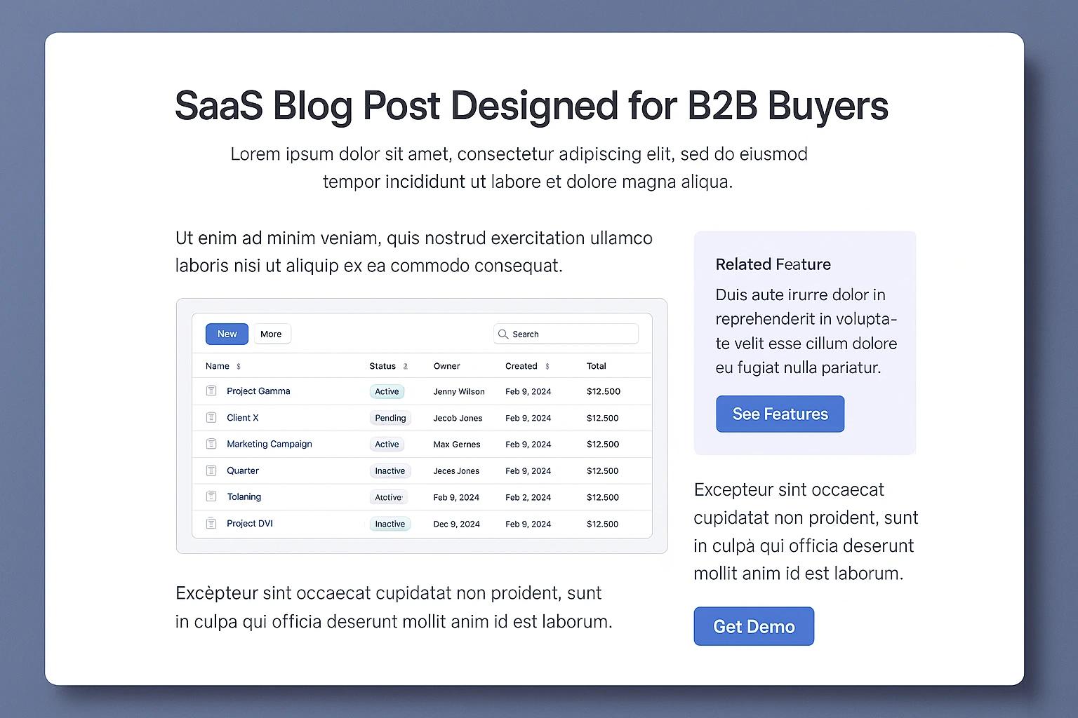 SaaS blog post mockup showing in-line product screenshot