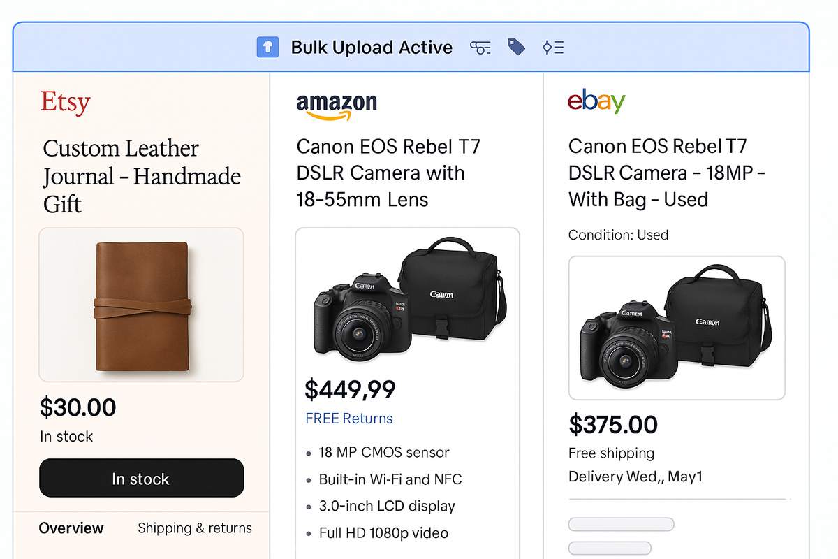 Split-screen showing one product being listed simultaneously on Etsy, Amazon, and eBay 