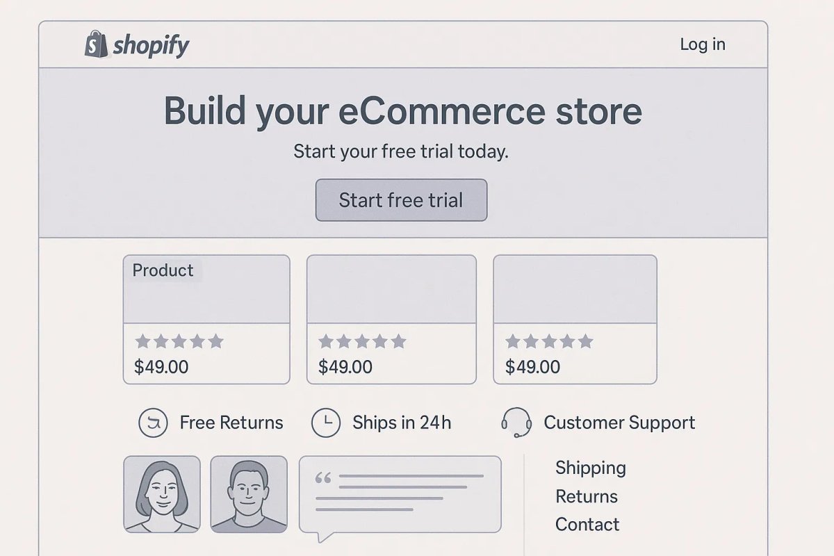 “Clean wireframe of a Shopify homepage