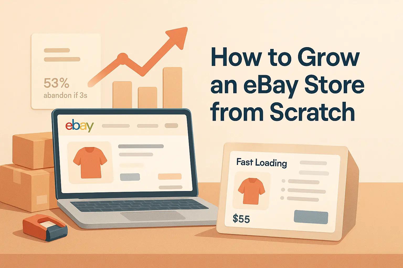 Text graphic about growing an eBay store, focusing on real, long-term strategies beyond beginner steps and short-term hacks.