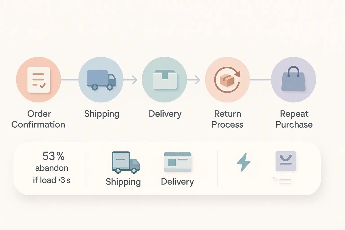 Order confirmation → Fulfillment → Shipping updates → Review request → Retargeting.