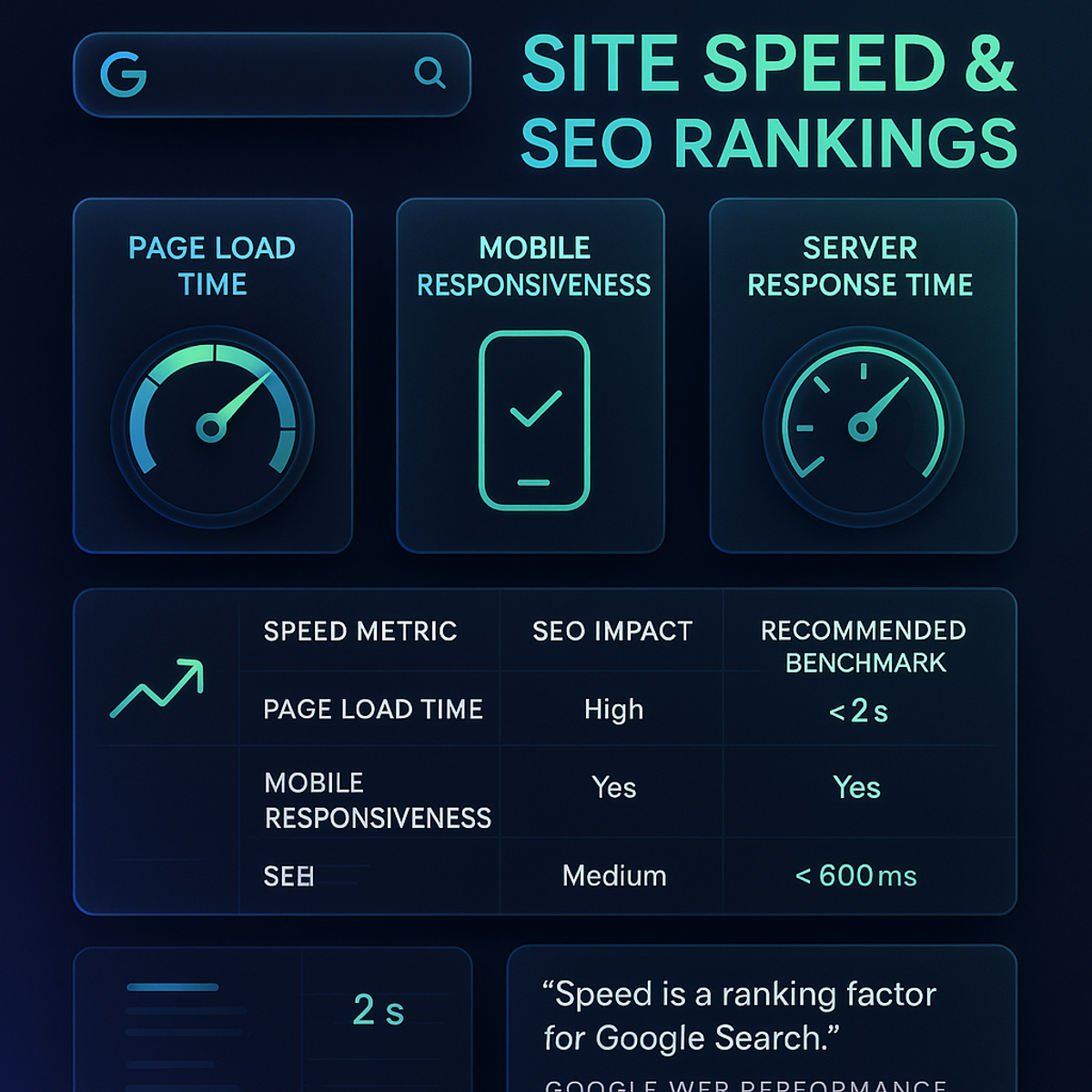 Graphic showing correlation between website speed and higher SEO rankings on Google