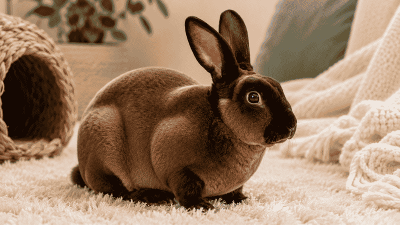 Mini Rex rabbit with velvet fur sitting on soft surface