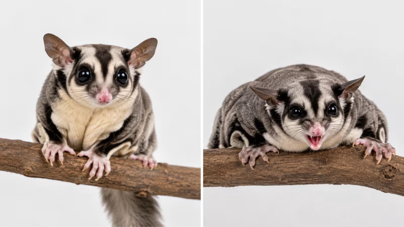 Side-by-side comparison of relaxed and defensive sugar glider behavior