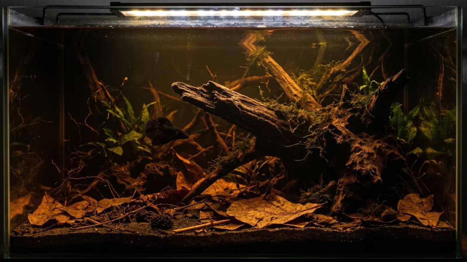 Blackwater betta aquarium with tannin-stained tea colored water and driftwood
