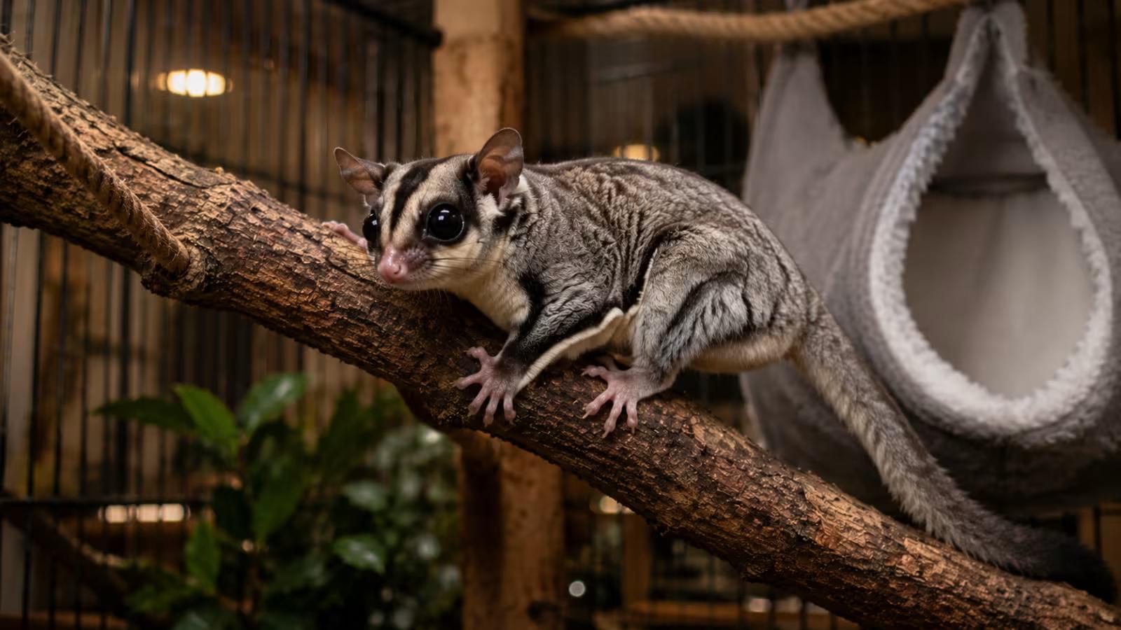 Healthy sugar glider climbing inside a natural enclosure
