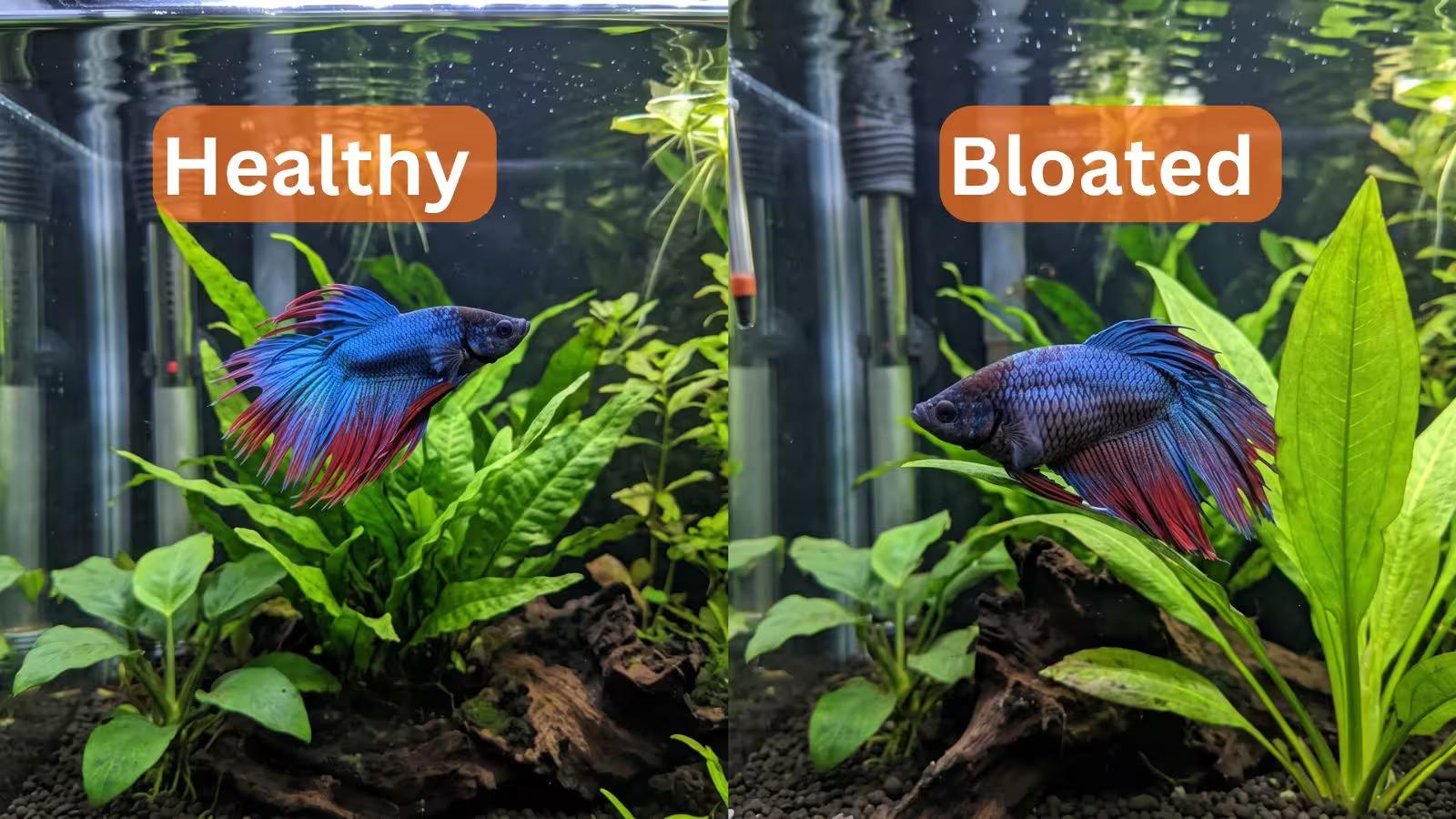 Comparison of a healthy betta fish and a bloated betta fish with pinecone scales