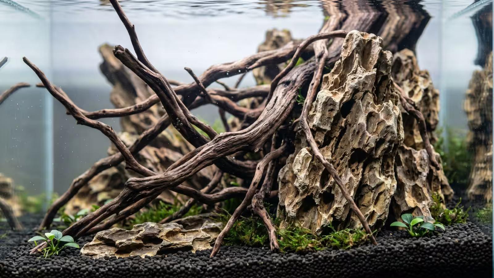 Close-up of spider wood and dragon stone hardscape arrangement in an aquarium