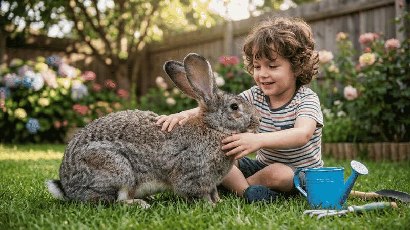 Flemish Giant rabbit being petted by a child